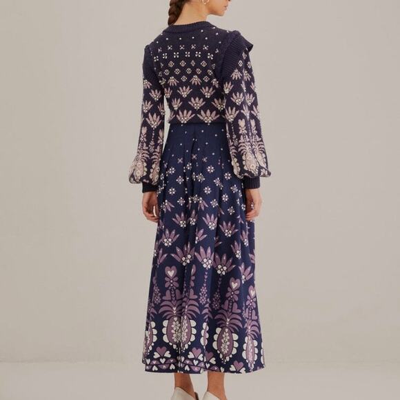 Farm Rio Ainika Martina Dark Blue Midi Skirt Pineapple 100% Cotton Scalloped - Picture 2 of 7